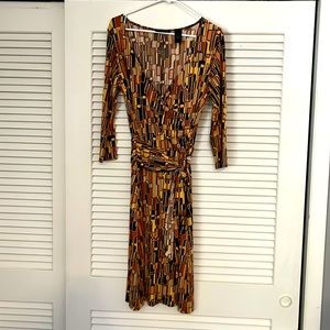 EUC Axcess LongSleeve Dress Medium Brown/Yellow/Orange Retro Pattern Dress
